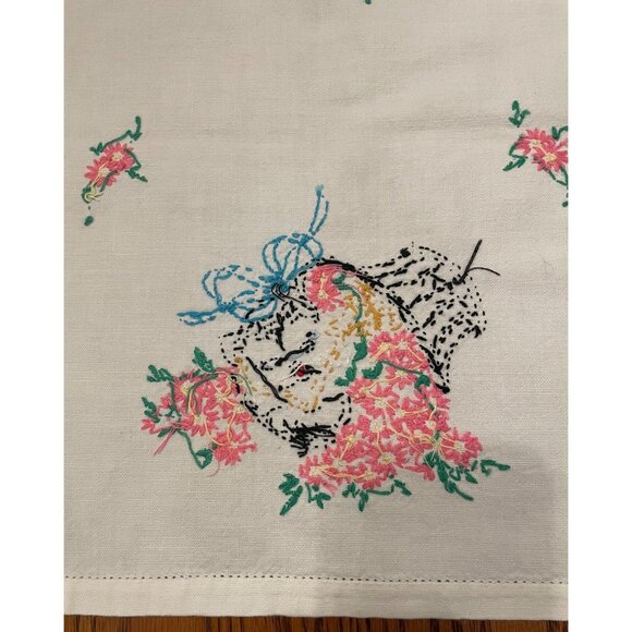 Vintage Embroidered Table Runner With Cat &Pink Floral Basket Design 13.5" x 35" - Picture 15 of 16